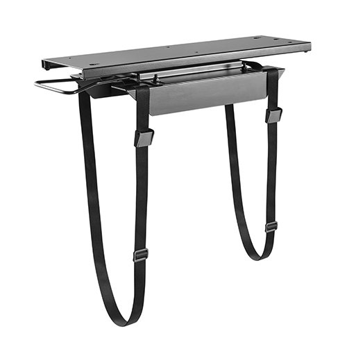 Strap-on under-desk CPU holder with sliding track